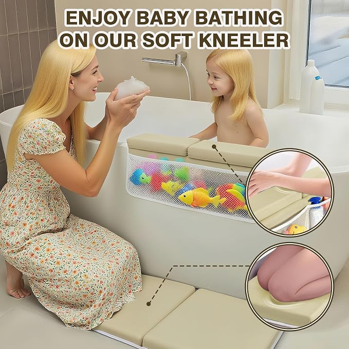 Water-Resistant Baby Bath Kneeler and Elbow Rest Pad Set, Soft Painless Tub Kneeling Pad for Bathing Baby with Toy Pocket Bathtub Knee Cushion Mat for First Time Mom Newborn Bath Time Essentials