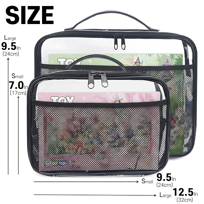 holay 4 Packs PVC Toy Storage Organizer with Zipper, Name Tag & Manual Pocket, Clear Durable Case for Blocks, Clay, Board Games, Travel (Black, Small, Large)