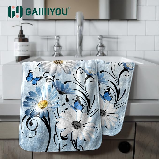 Blue Butterfly Floral Hand Towel Home Decorative Coral Fleece Towels for Hand Face Bath Hair
