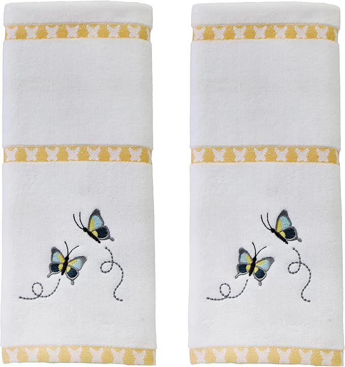 SKL Home Dancing Butterflies 100% Cotton Embroidered 2pc Hand Towel Set, Decorative for Bath/Kitchen/Bar & Gift, White