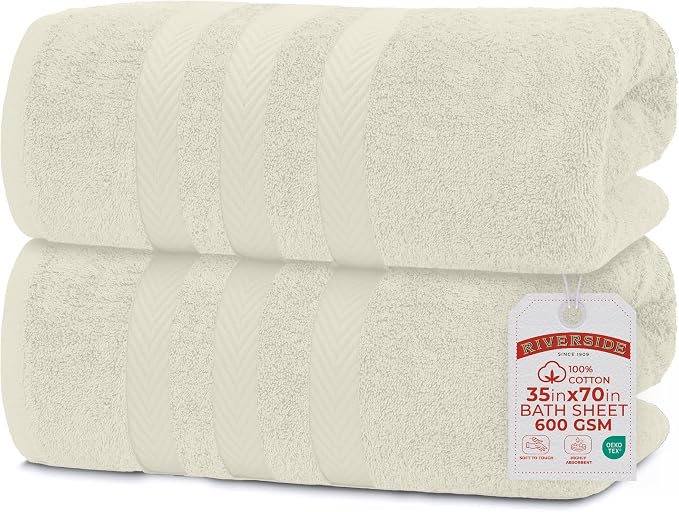RIVERSIDE Pack of 2 Extra Large Bath Sheets 35 x 70 Inches, 100% Ring Spun Cotton, Hotel Quality, Oversized Bath Towels, Super Soft, Highly Absorbent & Quicker to Dry, Cannoli Cream