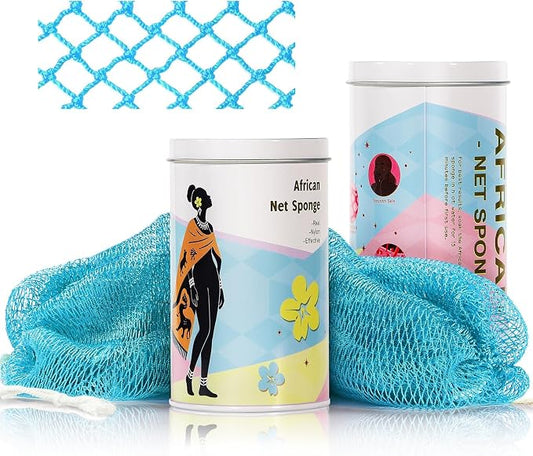 African Net Sponge Exfoliating Glove for Body and Face, Double Knotted Bath Sponge for Deep Cleansing and Gentle Exfoliation, Reusable and Quick-Dry （ Blue ）