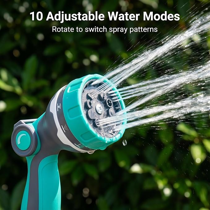 Garden Hose Nozzle, Thumb Control Water Hose Nozzle with 10 Spray Patterns, Slip Resistant High Pressure Sprayer Nozzle for Plants & Lawns Watering, Car Wash and Pet Shower, Friend for Older-Green