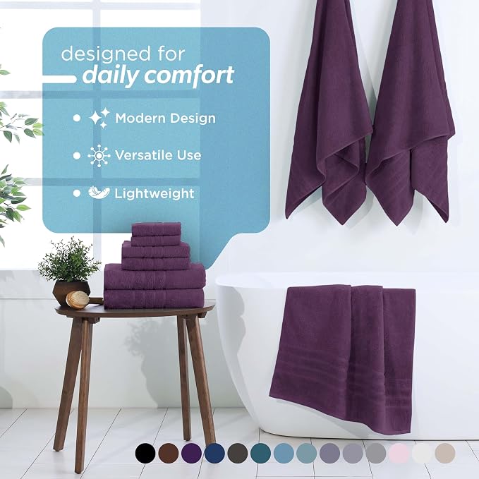 Martex Ultimate Performance 6-Piece Towel Set, Dark Purple | 100% Cotton, Supersoft & Absorbent, Low-Linting, Easy Care, Versatile, 2 Bath Towels, 2 Hand Towels, 2 Wash Cloths