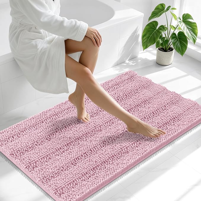 Smiry Thick Chenille Bathroom Runner Rugs 44x24, Extra Absorbent Striped Bath Mat, Machine Washable, Rubber Backing, Long Bath Rugs for Bathroom, Tub & Shower, Home Decor Accessories, Dusty Rose