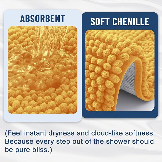 Grandaily Chenille Striped Bathroom Rugs 44x24, Extra Thick and Soft Absorbent Bath Mats, Rubber Backing, Plush Shaggy Shower Carpet, Machine Wash Dry, Bath Rug for Bathroom, Golden Yellow