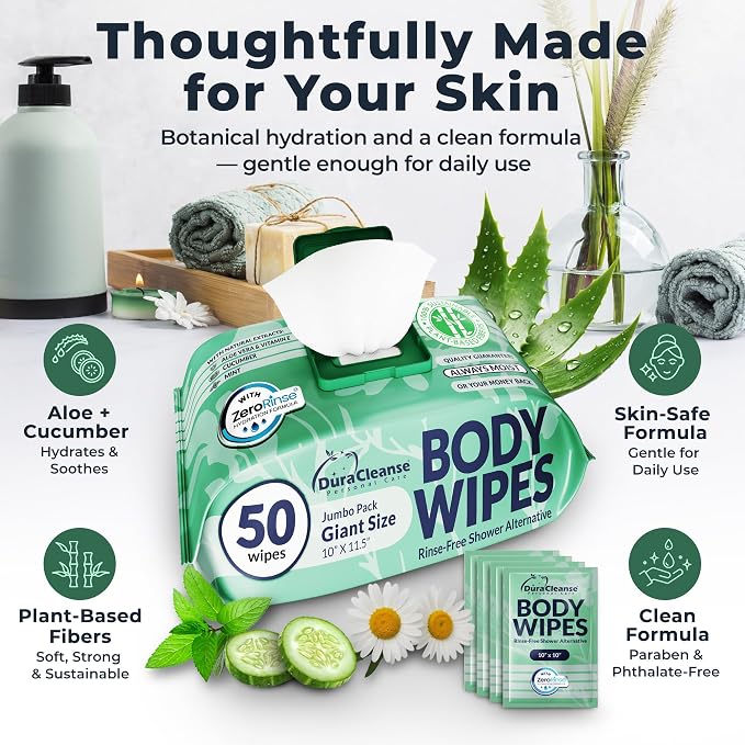 XL Body Wipes for Women - (2pk), 100 XL Shower Wipes + 8 Deodorizing Bath Wash Cloths - 10 x 11.5" Travel Size No Rinse Bathing Sheets, After Gym Cleaning Essentials, Toiletries for Womens Hygiene
