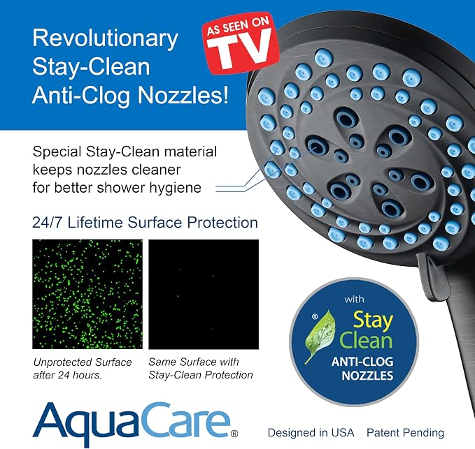 AquaCare Seen-On-TV High Pressure 8-mode Handheld Shower Head - 2-mode Power Wash to Clean Tub, Tile & Pets, Stay-Clean Nozzles, Extra Long 6 ft. Stainless Steel Hose, Wall & Overhead Brackets,Bronze
