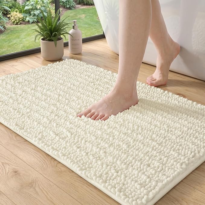DEXI Bathroom Rugs 36x24, Super Soft Thick Chenille Absorbent Bath Mat, Non Slip Machine Washable Fluffy Shag Bathmat for Tub, Shower Floor, Ivory