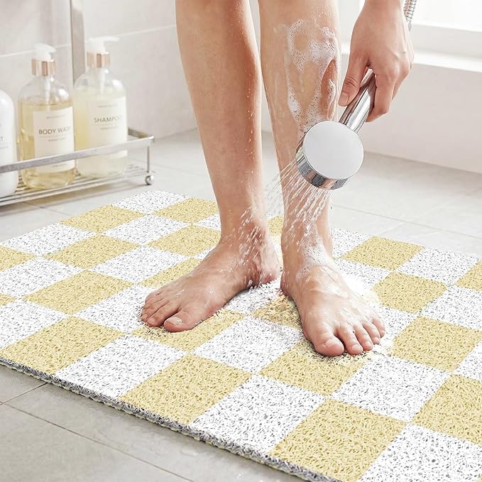 Non Slip Loofah Shower Mats 24"x16", PVC Loofah Bath Mat for Inside Shower, Quick Dry Soft Bath Mat for Bathroom Floor, Tub Pool Kitchen Entryway Home Hotel, Beige Checkered