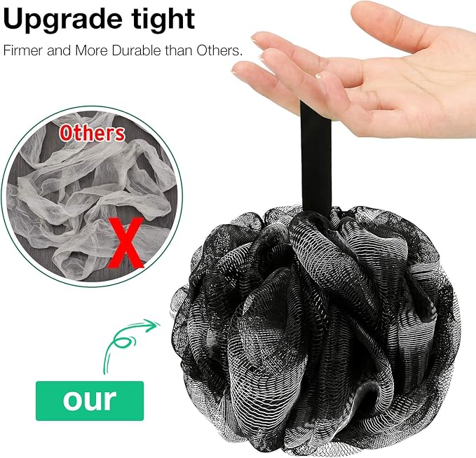 DadyMart Bath Shower Loofah Sponge 60g Bath Mesh Pouf Shower Ball Body Scrubber Exfoliating Bath Sponge for Women and Men, Set of 4, Black