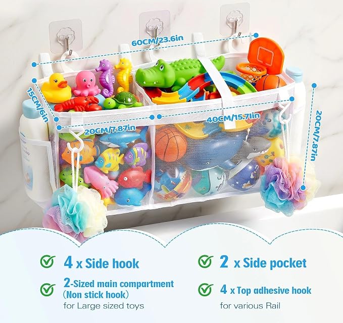 Extra Large Openings Bath Toy Organizer with 2 Compartments and Multiple Pockets, Quick-Dry Mesh Bathtub Toy Storage and Holder for Easy Access and Sorting of Toys(23.6x7.87x6IN)
