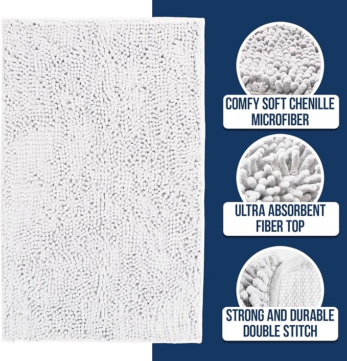 Muddy Mat® | Chenille Bathroom Rugs Quick Dry Microfiber Mats Non Slip Washable, Extra Thick, Soft and Highly Absorbent Bath Mats for Bathroom, Kitchen, and Shower Floor - White 35"x59"