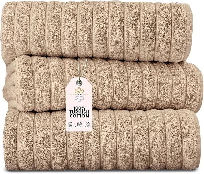 Classic Turkish Towels CTT - Luxury 3 Piece Jumbo Bath Sheets, 100% Turkish Cotton, Absorbent & Ultra Comfy Bath Towel Sheets for Hotels & Spa | 40"x65" (Almond Beige)