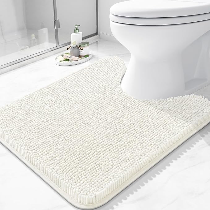 Arotive Bathroom Toilet Rugs U Shaped 24x20, Extra Soft Absorbent Shaggy Chenille Contour Bath Rugs for Toilet, Machine Washable Contoured Bath Mats, Ivory