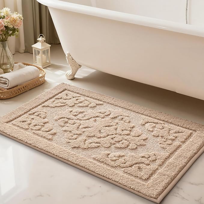 LUMI Ultra Absorbent Bathroom Rug Non Slip Rubber Backing, Machine Washable Bath Mat Soft Premium Microfiber, Elegant Floral Bath Rugs Quick Dry for Bathtub and Shower Floor, Decor, 17x30