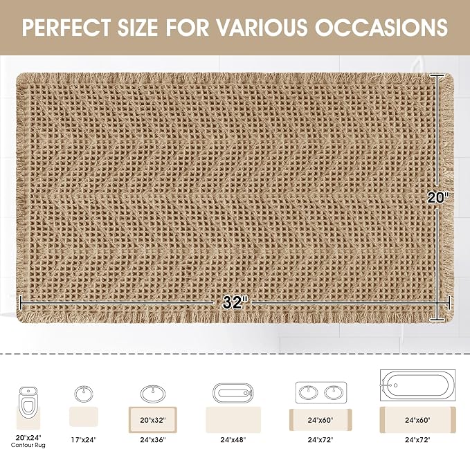 Upgraded Waffle Bath Mat, 32"x20" Beige-Herringbone, Super Absorbent Non-Slip Quick Dry Bathroom Rugs with Tassels, Machine Washable Ultra Soft Boho Bath Rugs, Toilet Mats Boho Farmhouse Decor