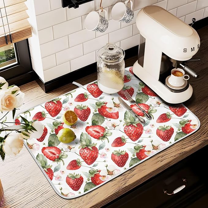 Cute Watercolor Strawberries Dish Drying Mats for Kitchen Counter Large Drying Mat for Dishes Microfiber Dish Rack Mat Drainer Pad Washable Foldable Ultra Absorbent Dry Mat 24"x18"