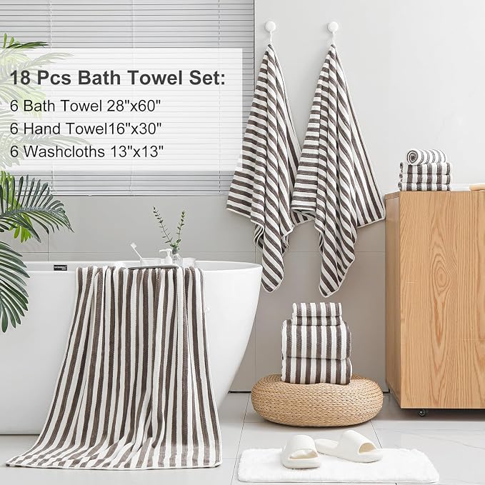 Smuge 18 Pcs Bath Towel Set, Include 6 Bath Towel Sheets, 6 Hand Towels and 6 Washcloths - Highly Absorbent Quick Dry Microfiber,Ultra Soft Bathroom Towel Set with Hanging Loop - Dark Coffee