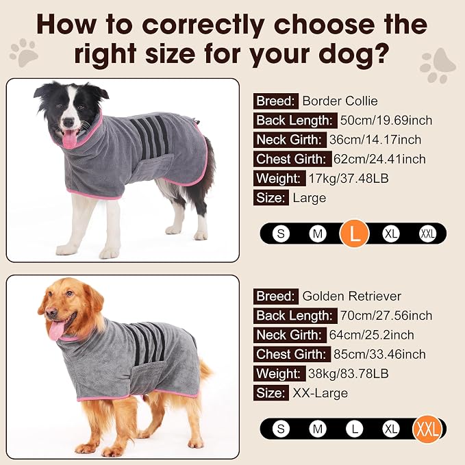 Microfibre Dog Bathrobe Towel Wrap Super Absorbent Dog Drying Coat Bath Robe for Puppy, Medium & Large Dogs, Fast Drying, Adjustable