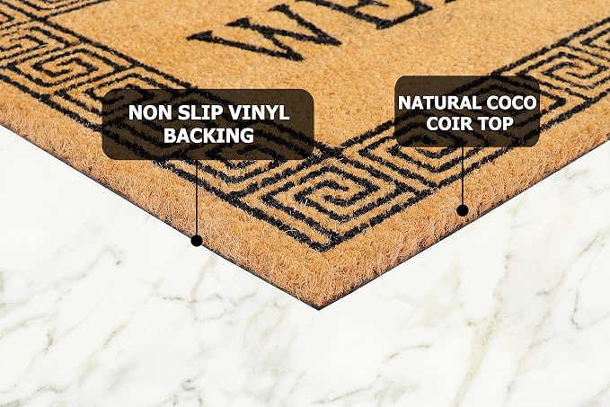 Croft&Cane Welcome Doormat – Non Slip Coco Coir Door Mat with Greek Key Border - Low Profile Vinyl Backed Front Doormat - Indoor Outdoor Entryway Rug - 17 x 30 Inches