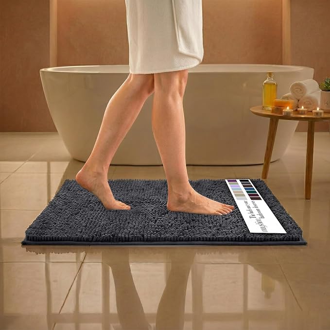 MAYSHINE Small Plush Shaggy Chenille Bath Mat 23"x14" Extra Soft, Super Absorbent, Non-Slip Bathroom Rug | Fluffy Microfiber, Area Rug Sets for Bathroom Floor, Kitchen, Living Room |Charcoal Gray