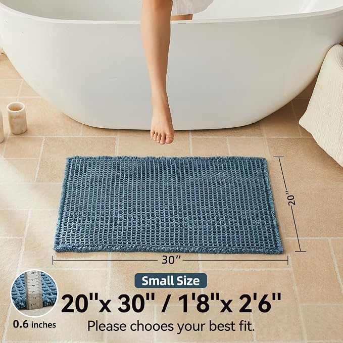 Triohero Waffle Bath Mat, Boho Bathroom Rugs Non Slip Washable, Ultra Soft Super Absorbent Quick Dry Farmhouse Bathroom Decor, 20" x 30", Denim Blue