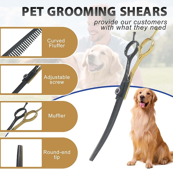 7" Curved Thinner Dog Scissor, Curved Fluffer Scissors, 43 Teeth, 25% Thinning Rate, Professional Pet Shear for Groomer, Ergonomic Dog Grooming Scissor, Dogs Shear for Grooming to remove bulk quickly