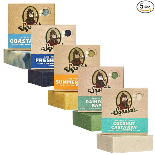 Dr. Squatch Natural Men’s Bar Soap - Cold Process Body Soap Bar with Natural Oils - Gifts for Men - Summer Citrus, Coconut Castaway, Fresh Falls, Coastal Mist & More (5 oz, 5-Pack, Scents May Vary)