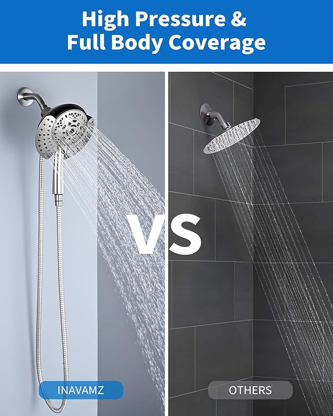 INAVAMZ Shower Head with Handheld High Pressure: Hand Held Shower Head & Rain Shower Head 2-IN-1 Shower Head with 59" Rotatable Stainless Steel Hose, Shower Trim Systems, Nickel Round 2.5 GPM