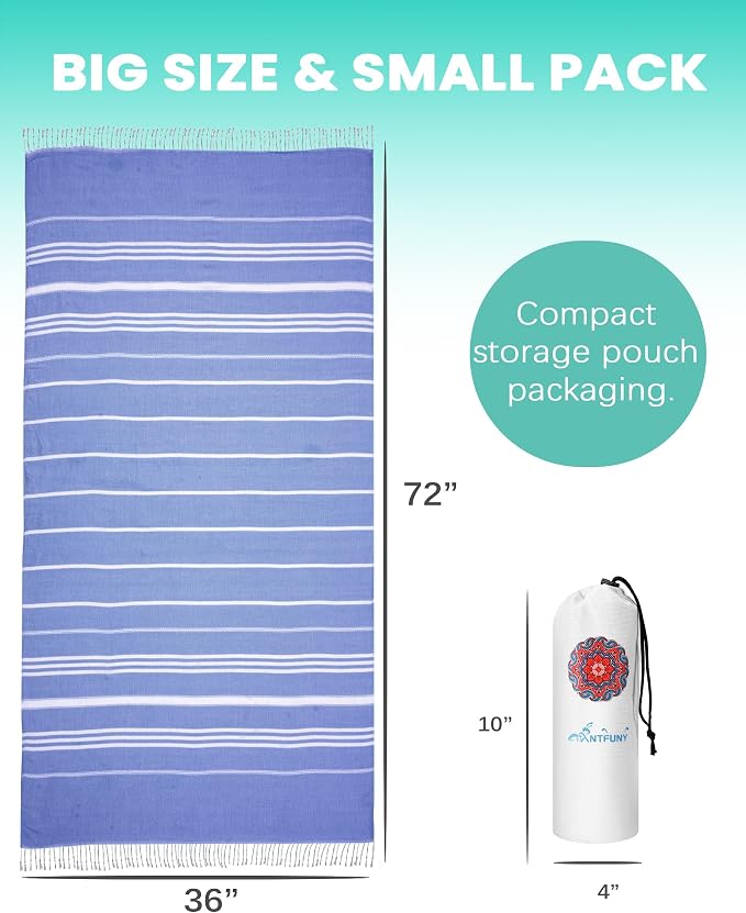 2 Pack Turkish Beach Towels Vacation Essentials with Bag Quick Dry Sand Free Soft Absorbent Adult Bath Pool Swim Long Wide Stripe Towel Cloud Linen Sandfree Mat Summer Thing Lightweight Travel Blue