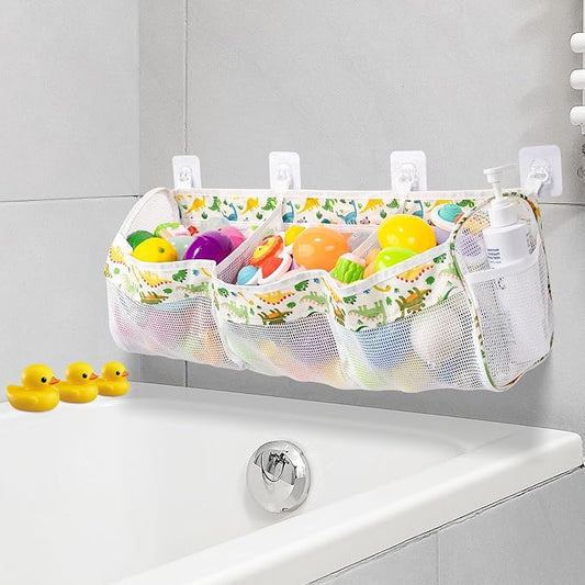 Bath Toy Organizer,3 Compartment Horizontal Large Bath Toy Storage with 4 Suction Hooks,Baths Toys Storage Holder Bag Tidy for Accessing & Sorting Toys,Dinosaur