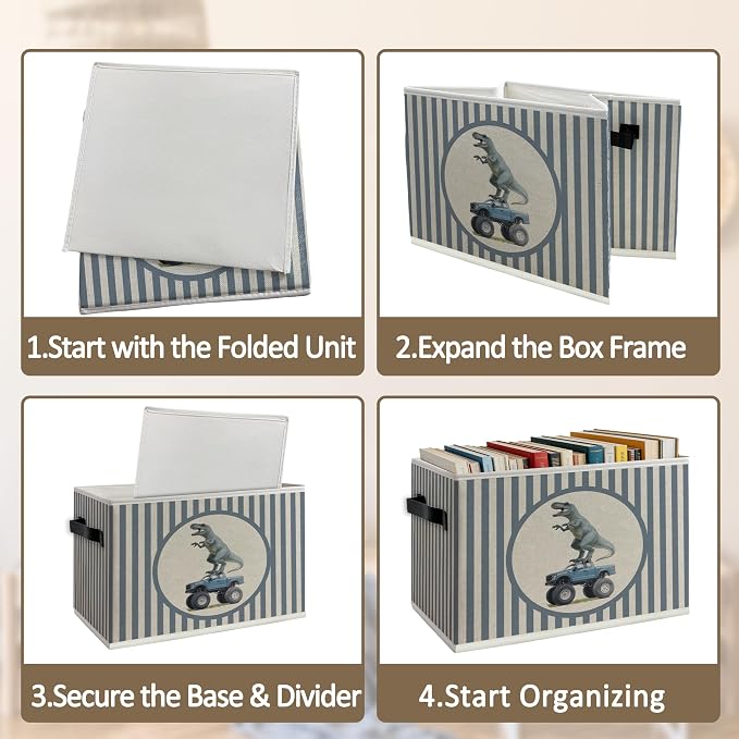 Dinosaur Truck Boy Nursery Foldable Storage Bins Box with Handles, Blue Striped Dino Dinosaur Truck Collapsible Organizer Basket for Boys Kids Bedroom Bathroom Playroom Clothes Books