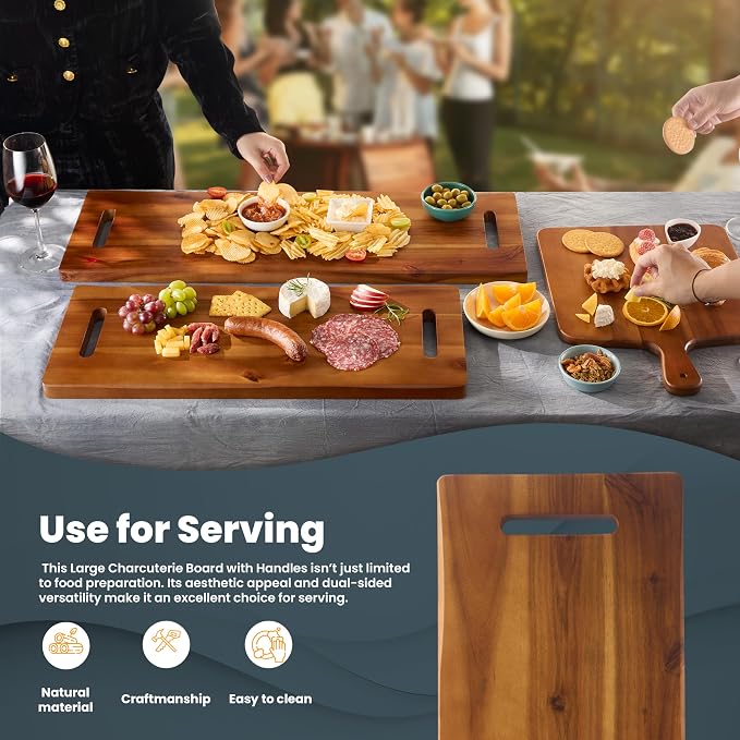 TIDITA 30" Large Acacia Wood Charcuterie Board with Handles - Extra Long Wooden Serving Cheese Boards - Rectangular Serving Platter for Meat Steak, Cracker Appetizers, Fruit Decorative Display Party