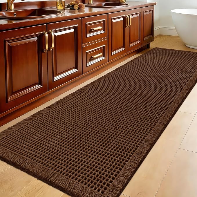 Accumtek Extra Large Waffle Bath Mat, 6'x2' Brown, Super Absorbent Non-Slip Quick Dry Bathroom Rugs with Tassels, Machine Washable Ultra Soft Boho Bath Rugs for Floor, Toilet Mats Boho Farmhouse Decor