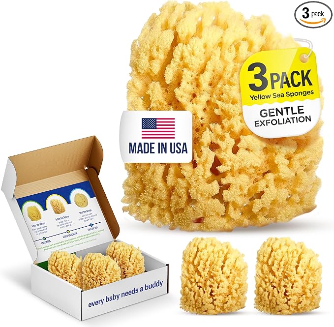 Baby Buddy Baby Bath 4in Yellow Sea Sponge, Absorbent Natural Sea Sponge, Soft on Tender Skin, Biodegradable, Hypoallergenic, Bath Accessories for Bathing, 3 Pack