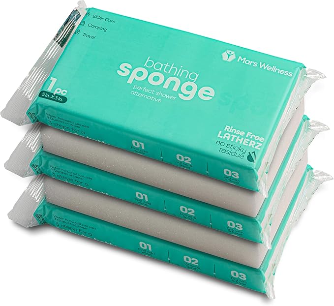 Latherz Rinse Free Bath Sponges for Adults for Sensitive Skin - 5 Pack Soap Infused No Rinse Bathing Wipes for Elderly Care, Post Surgery, Camping & Travel - Waterless Disposable Body Wash Cloths