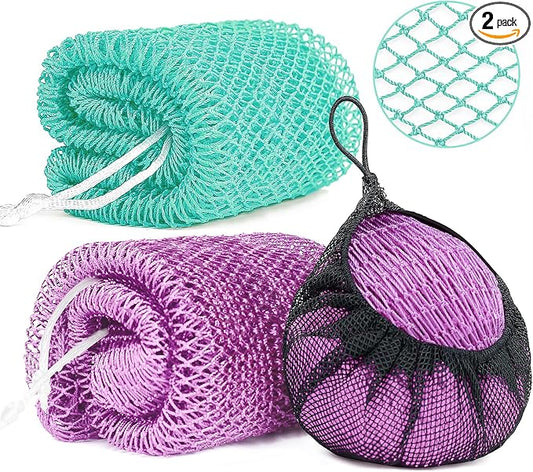 2 Pack African Net Sponge Exfoliating Body Scrubber Bath Sponge for Daily Use (Light Purple +Seafoam)