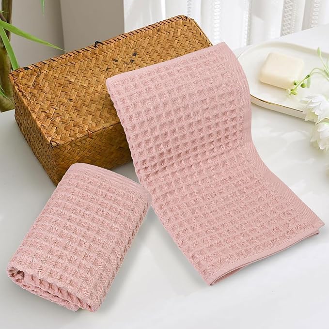 Jacquotha Waffle Hand Towels for Bathroom Decor (Pink) – 2-Piece Cotton Face Towels, Fast Drying & Absorbent, 13” x 29”