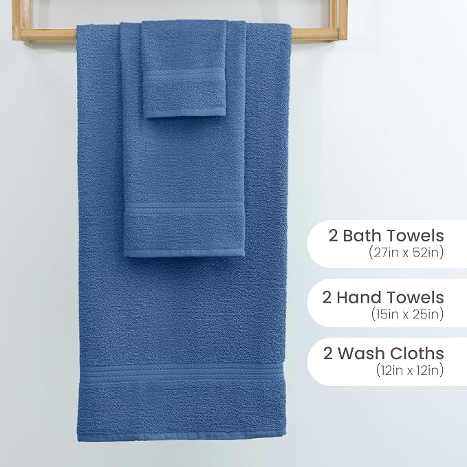Martex Easy Living Everyday 6-Piece Bathroom Towel Set, Blue | 2 Bath Towels, 2 Hand Towels, 2 Wash Cloths, 100% Cotton, Soft, Quick-Dry