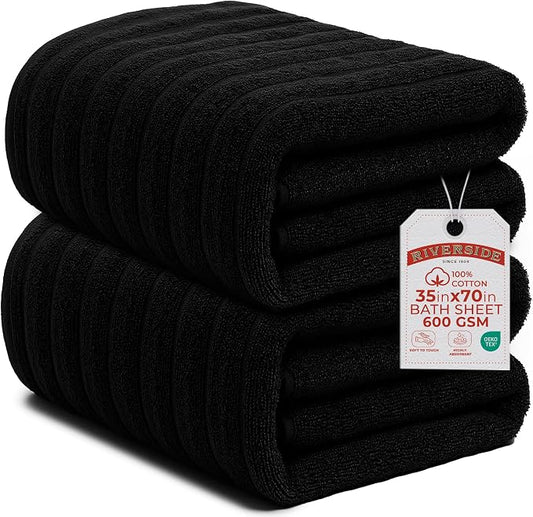 RIVERSIDE Pack of 2 Extra Large Bath Sheet Towels, 35 x 70 Inches, 600 GSM, Ribbed Stripe, 100% Cotton - Super Soft, Highly Absorbent & Quick Dry for Bathroom, Spa & Hotel, Black