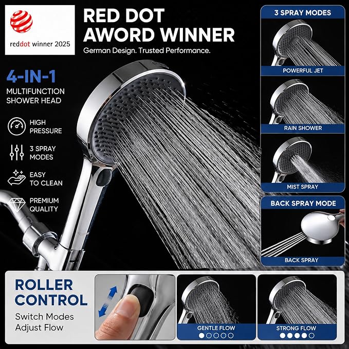 Handheld Shower Head with Scroll Wheel Flow Control, 4 Spray Settings with Built-in Continuous Power Wash, High Pressure Showerhead for Adults, Babies & Pets, Chrome (silver) (silver)