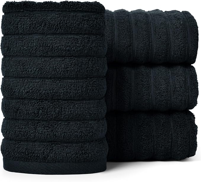 Jacquotha 4-Pack Bathroom Hand Towels (Black) Ribbed – Guest Room & Spa Premium Cotton Face Towels 13” x 29”, Soft and Quick Drying 480 GSM