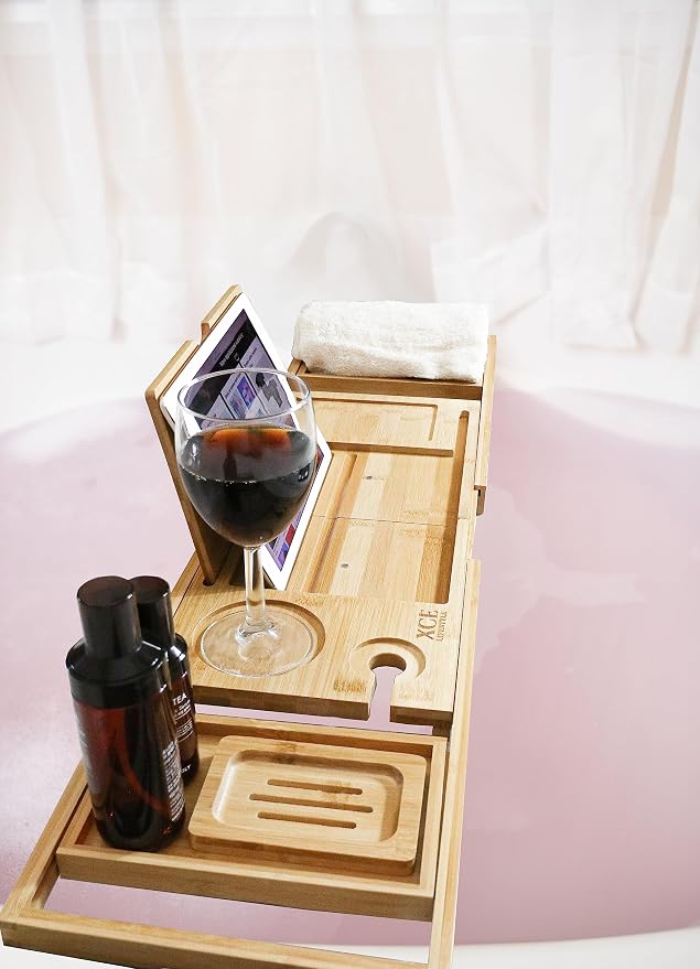 XcE Foldable Bamboo Bathtub Caddy Tray - Expandable to 41 Inches with Non-Slip Pads & Book Stand for Couples Luxury Bath
