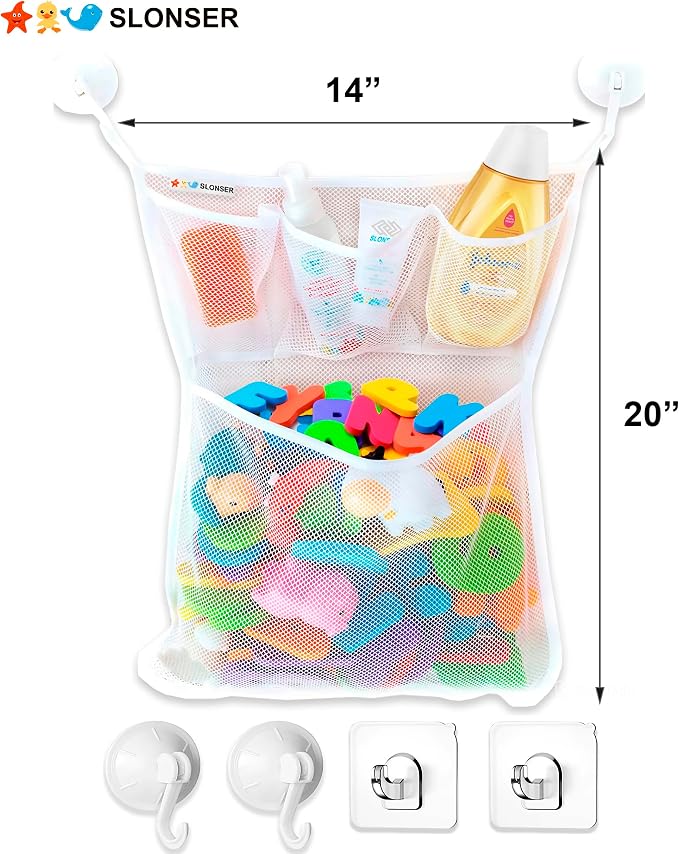 Bath Toy Storage Organizer – Large Mesh Bath Toy Holder & Bath Toy Net for Tub, Quick Dry Bathtub Bag with 2 Strong Suction Cups, 2 Adhesive Hooks, Quick-Dry Hanging Shower Cubby Basket, 14x20 Inch