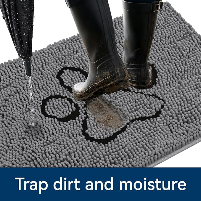 Bcoimo 30×20 Absorbent Chenille Dog Doormat – Non-Slip Quick Dry Entryway Rug Ideal for Homes with Dogs, Machine Washable Dirt Trapper for Muddy Paws (Grey 30×20 Inches)