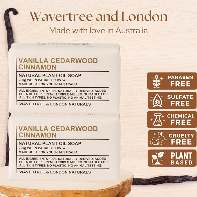 Wavertree & London Vanilla Cedarwood Scented Natural Soap Bars (2 Bars), 7oz Moisturizing French Triple Milled Soap enriched with shea butter - Plant Oil Bath & Body Soap Bars [100% Naturally derived]