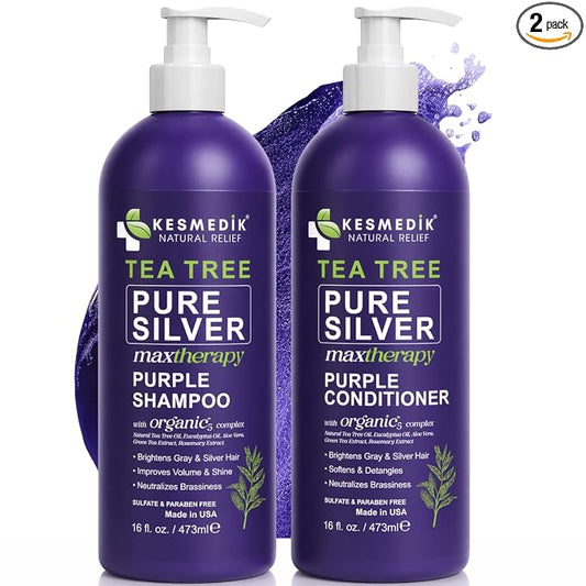 KESMEDIK Tea Tree Purple Shampoo and Conditioner Set with Tea Tree Oil, Rosemary & Aloe, Salon-Grade Purple Toner for Yellow Brassy Gray, Bleached & Blonde Hair, Refreshes & Hydrates, Sulfate-Free
