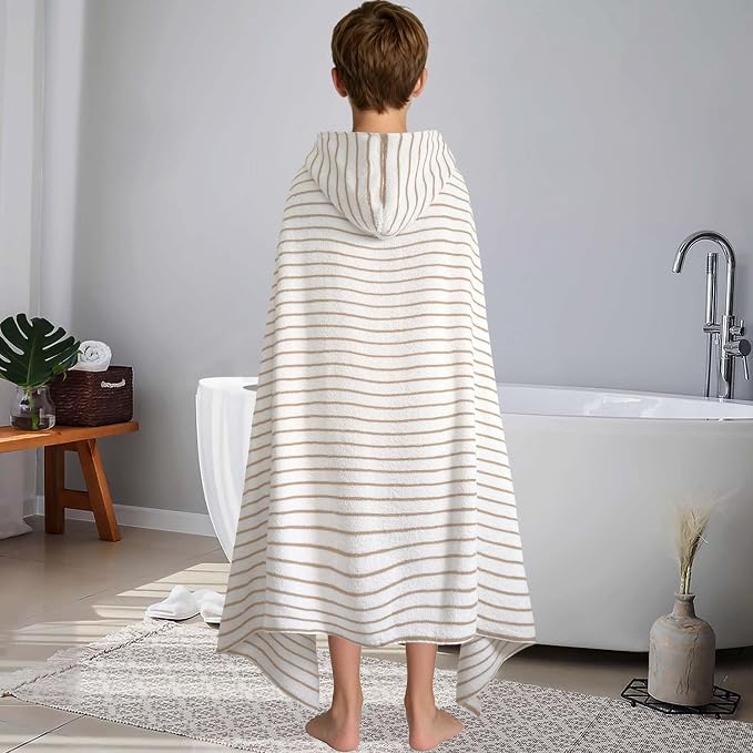 VOOVA & MOVAS Hooded Bath Towels for Teens/Big Kids (12Years Up) | Soft Absorbent 100% Cotton Thick Towel Wrap | Versatile Beach, Pool, Swim & Bath Cover-Up | White Brown
