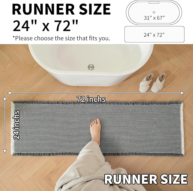 Waffle Bath Mat - Super Water Absorbing Bath Mat Quick Dry, Bathroom Rugs Non Slip Washable, Rubber Backed Bathroom Mat for Bathroom Floor, Tub and Shower, 24" x 72", Dark Grey & White